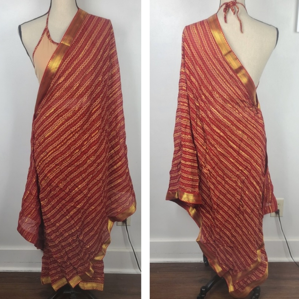 Red Sari Saree Skirt & Running Blouse Border Leheriya Print Regular Wear S - Picture 4 of 16